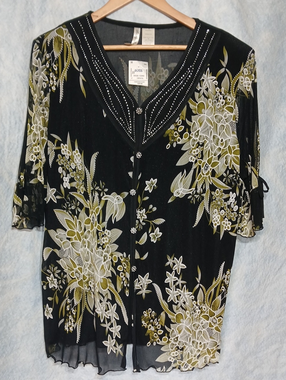NWT Simply Irresistible Sheer Black Olive White Floral Button Accents Womes SZ3X